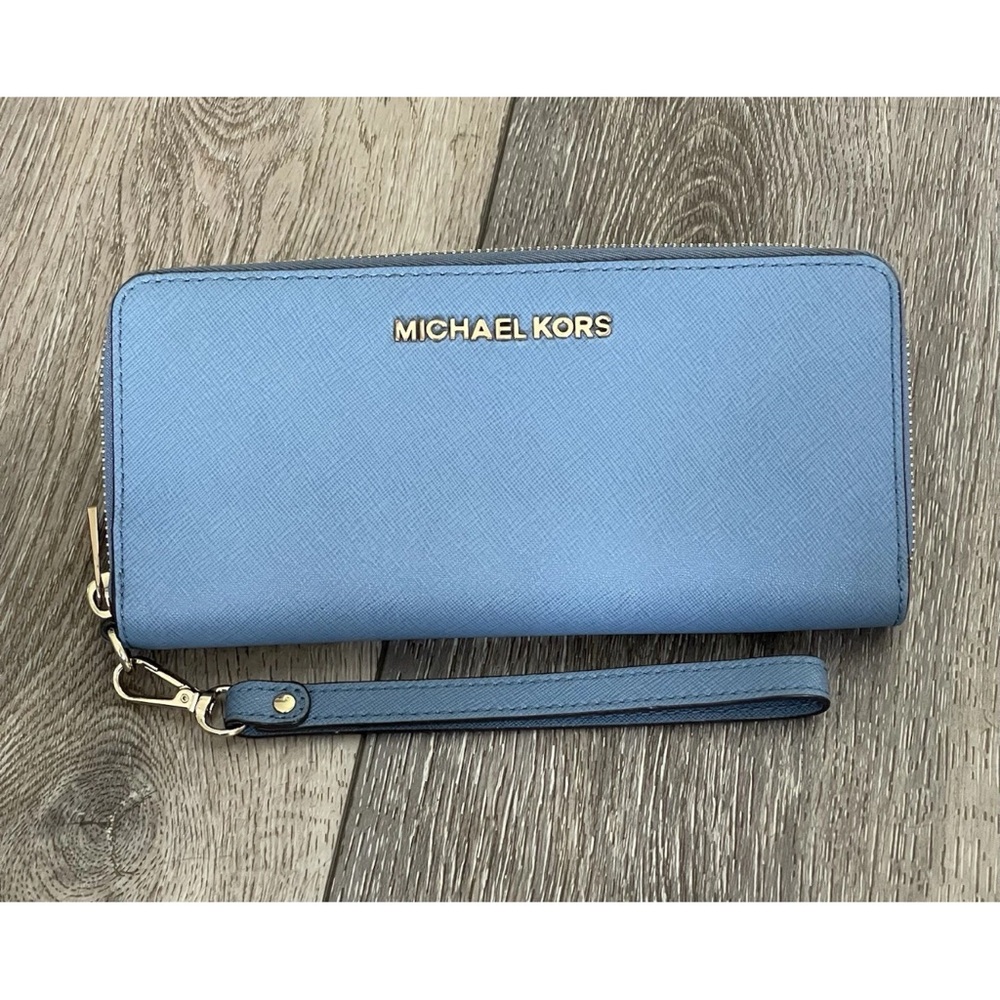 EUC Michael Kors Blue Saffiano Leather Continental Wristlet Wallet 35S5GTE9L